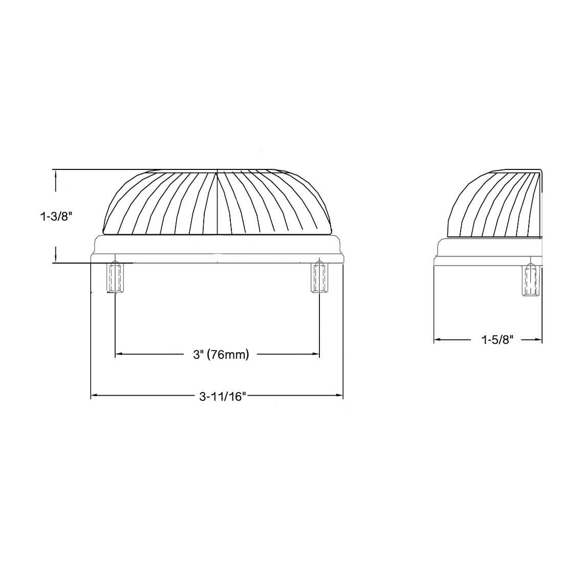 Diagram of dimensions of black glass cabinet cup pull with satin nickel finish and three inch hole spacing