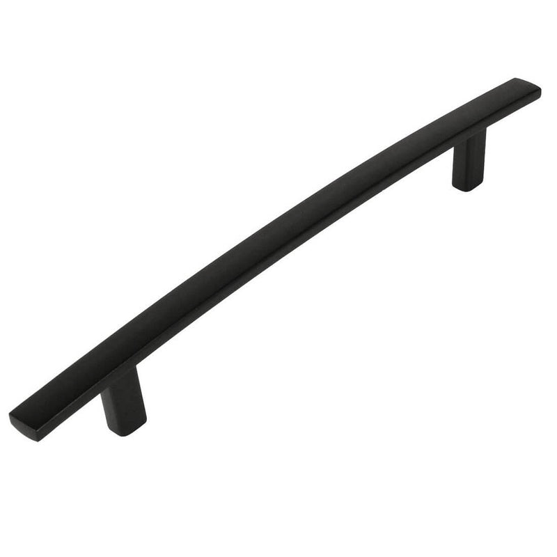 Flat black subtle arched cabinet handle in flat black finish with six and five sixteenths inch hole spacing