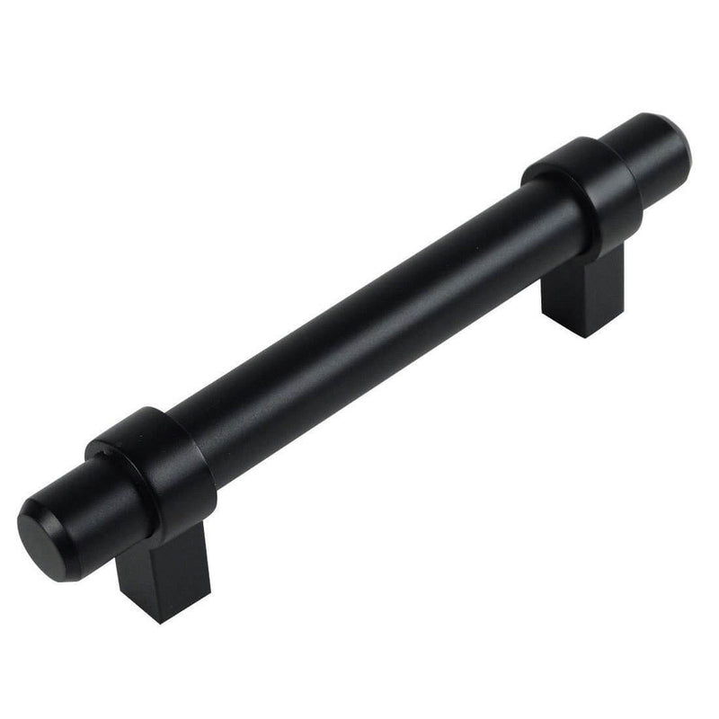 Flat black euro style bar pull with three and a half inch hole spacing
