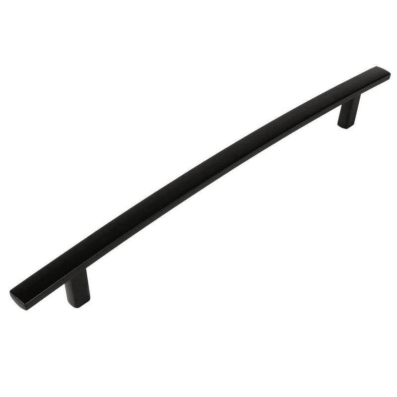 Flat cabinet pull in flat black finish with eight and seven eighths inch hole spacing