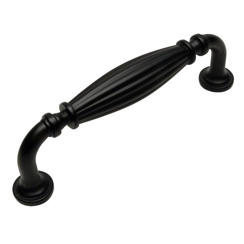 Three and three quarters inch hole spacing cabinet drawer pull in flat black finish