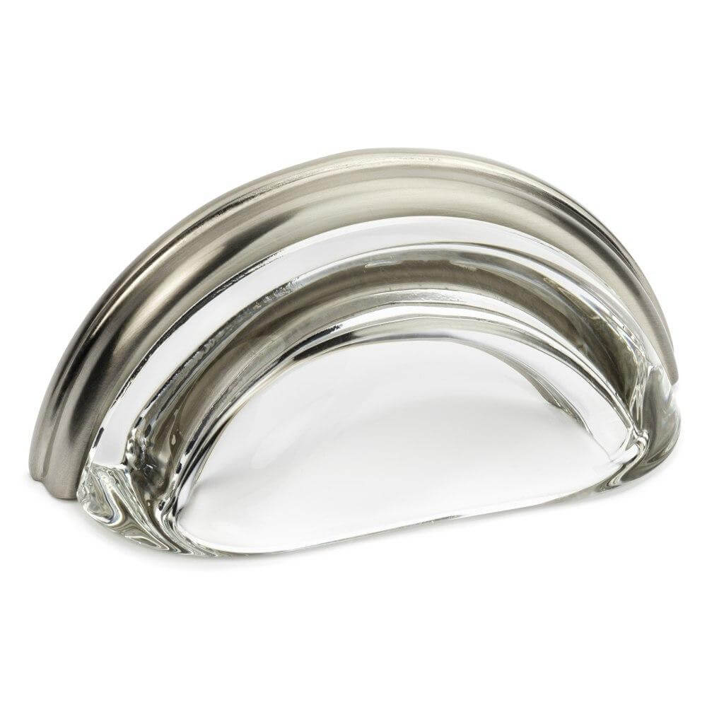 Three inch hole spacing cabinet drawer pull with clear glass in satin nickel finish