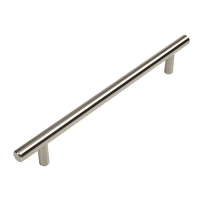 Eight and seven eighths inch hole spacing drawer pull  in stainless steel finish with euro style