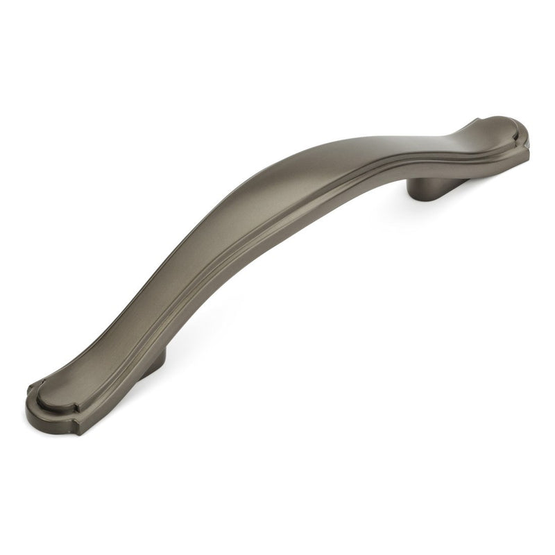 Three inch hole spacing graphite drawer pull with engraving on edge and subtle arch design