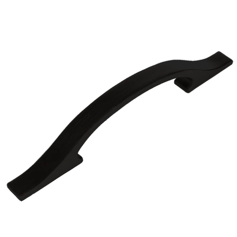 Smooth arch cabinet pull in flat black finish with three and three quarters inch hole spacing