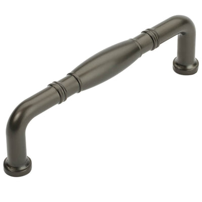 Cabinet pull with a bulge at the centre and three and three quarters inch hole spacing in graphite finish