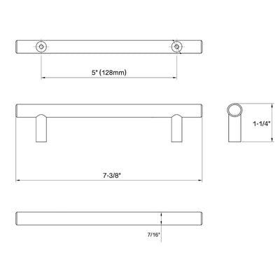 Diagram of dimensions of cabinet pull in antique brass finish with euro and clean style