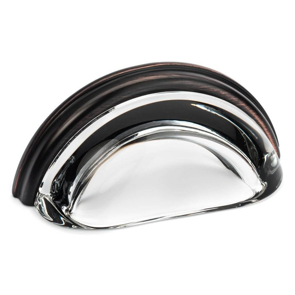 Three inch hole spacing cabinet cup pull with clear glass in oil rubbed bronze finish