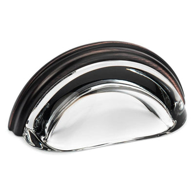Three inch hole spacing cabinet cup pull with clear glass in oil rubbed bronze finish