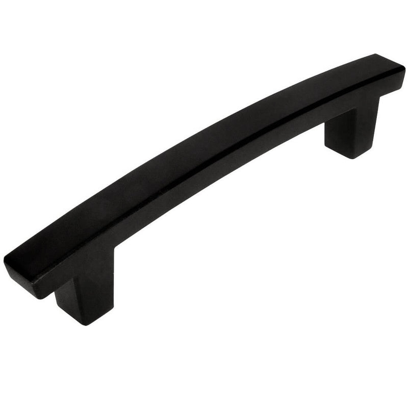 Drawer pull in flat black finish with subtle arch design and three and three quarters inch hole spacing