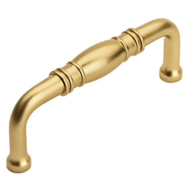 Three and three quarters inch hole spacing cabinet handle with rings engraving and a bulge at the centre in gold champagne finish