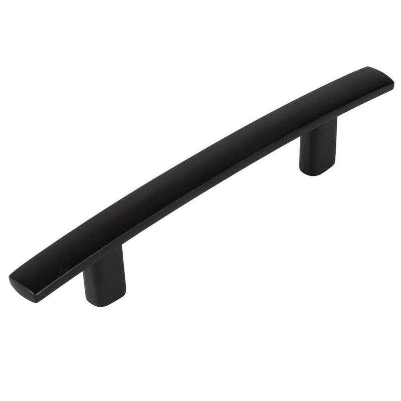 Flat black cabinet pull with subtle arch design and three inch hole spacing