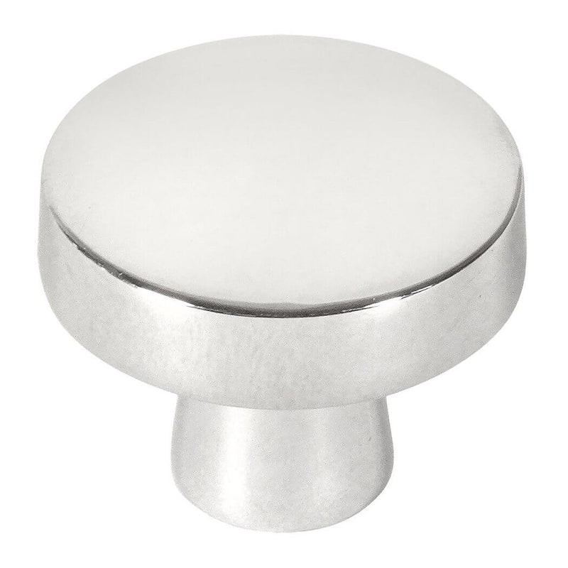 Round flat cabinet drawer knob in polished chrome finish and one and a quarter inch diameter