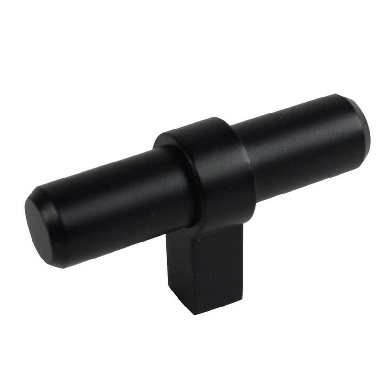 Flat black cabinet knob with euro style t bar shape and two and three eighths inch length