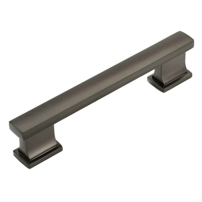 Cabinet pull in graphite finish with square edge design and four inch hole spacing