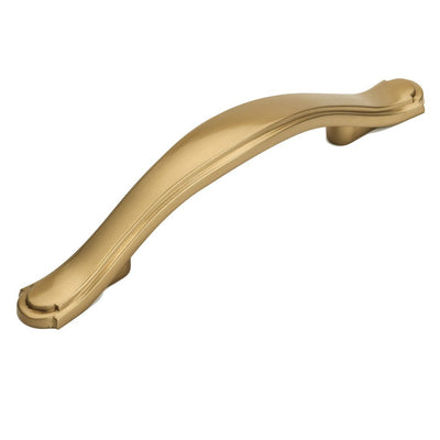 Gold champagne drawer pull in three inch hole spacing with decorative engraving on edge