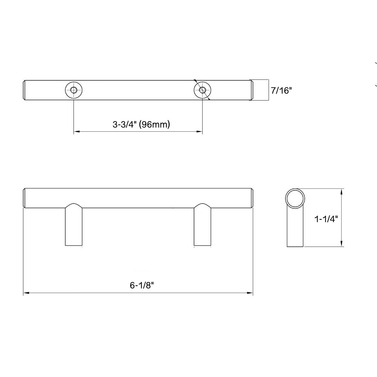 Diagram of dimensions of beveled edges furniture pull in antique copper finish with clean simple style and three and three quarters inch hole spacing