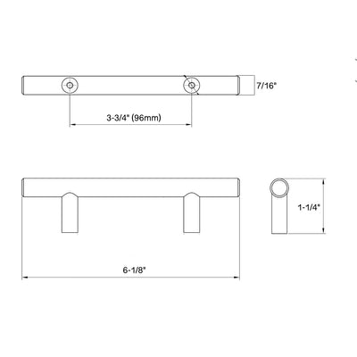 Diagram of dimensions of beveled edges furniture pull in antique copper finish with clean simple style and three and three quarters inch hole spacing