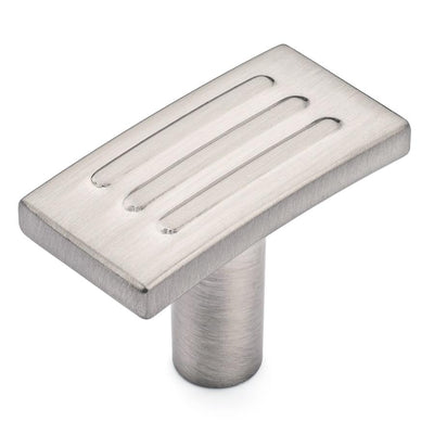 T shaped cabinet drawer knob in satin nickel finish with one and three eighths inch length