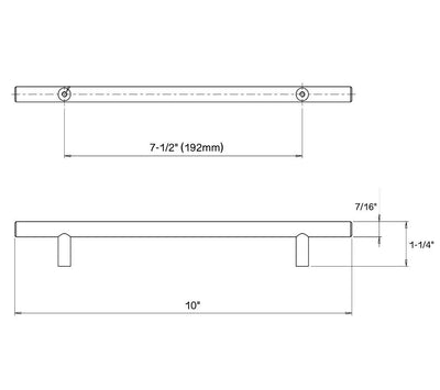 Diagram of dimensions of euro style clean straight bar drawer pull in antique brass finish with seven and a half inch hole spacing