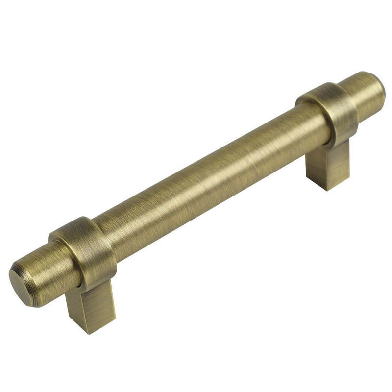 Brushed antique brass euro style bar pull with three and a half inch hole spacing