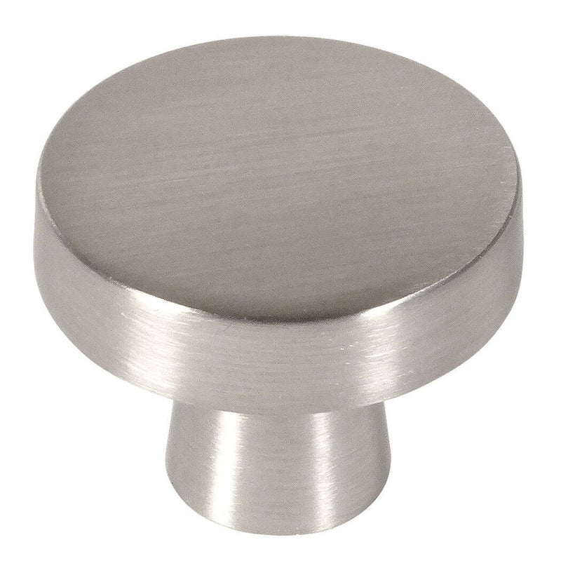 Round satin nickel cabinet drawer knob with one and a quarter inch diameter