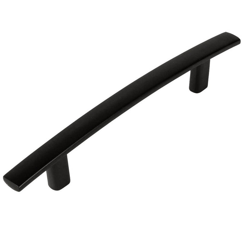 Subtle arched drawer pull in flat black finish with three and three quarters inch hole spacing