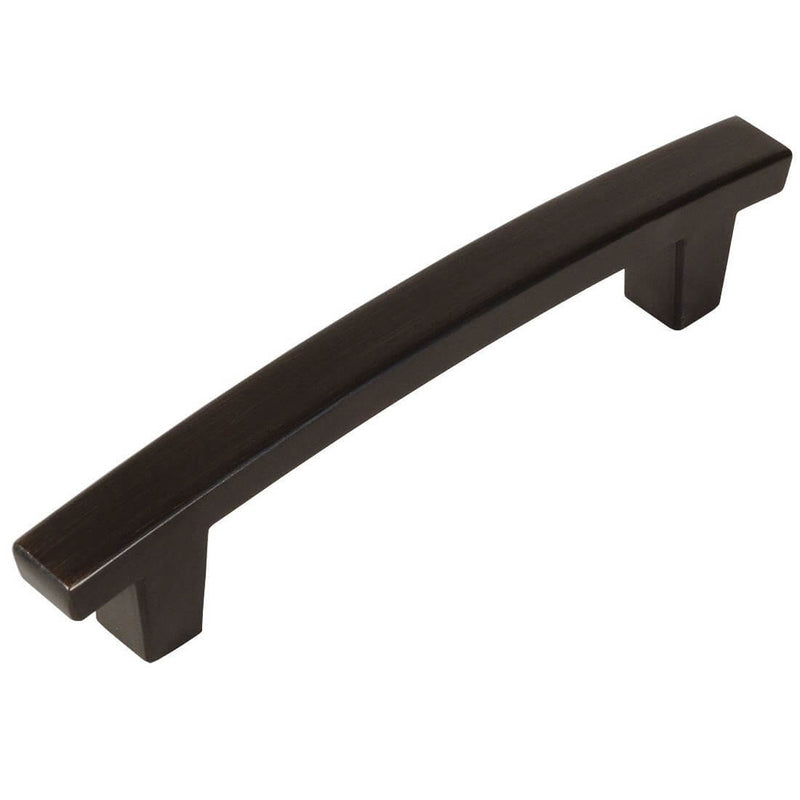 Thick subtle arch drawer pull in oil rubbed bronze finish and three and three quarters inch hole spacing