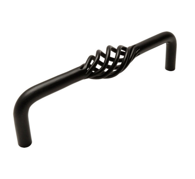 Flat black drawer pull with birdcage design and five inch hole spacing