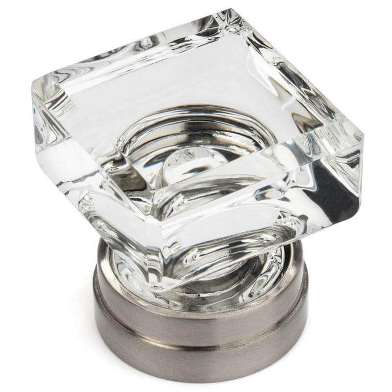 Square clear glass drawer knob with satin nickel base and one and a quarter inch length