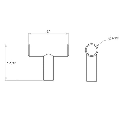 Diagram of dimensions of t bar knob in antique brass finish with two inch length