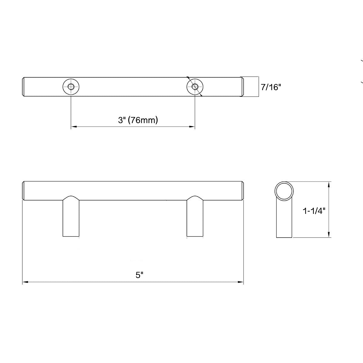 Diagram of dimensions of euro style simple cabinet pull in antique copper finish and three inch hole spacing