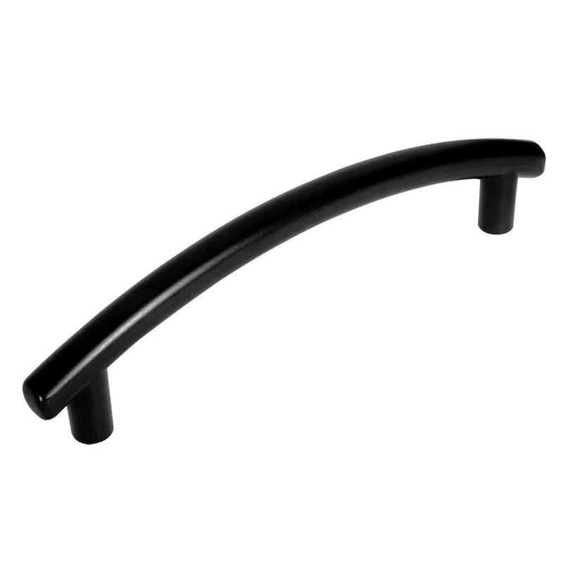 Medium length cylinder drawer pull in flat black finish with three and three quarters inch hole spacing