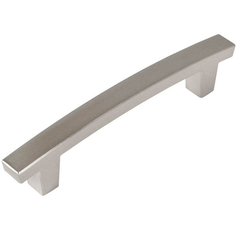 Satin nickel cabinet drawer pull with subtle arch design and three and three quarters inch hole spacing