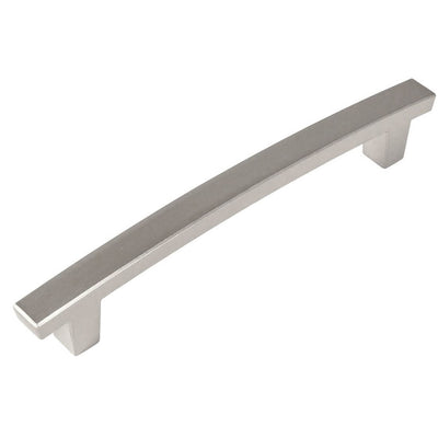 Subtle arched drawer pull with four inch hole spacing in satin nickel finish