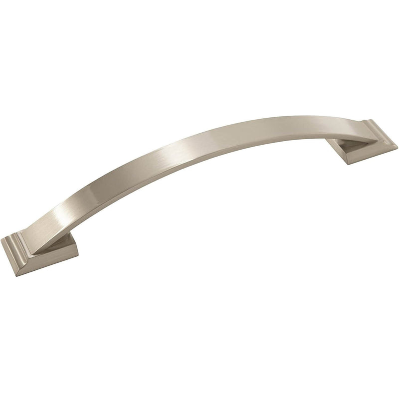 Curvy cabinet pull in satin nickel finish with six and five sixteenths inch hole spacing Amerock Candler BP29364-G10 Satin Nickel Cabinet Pull
