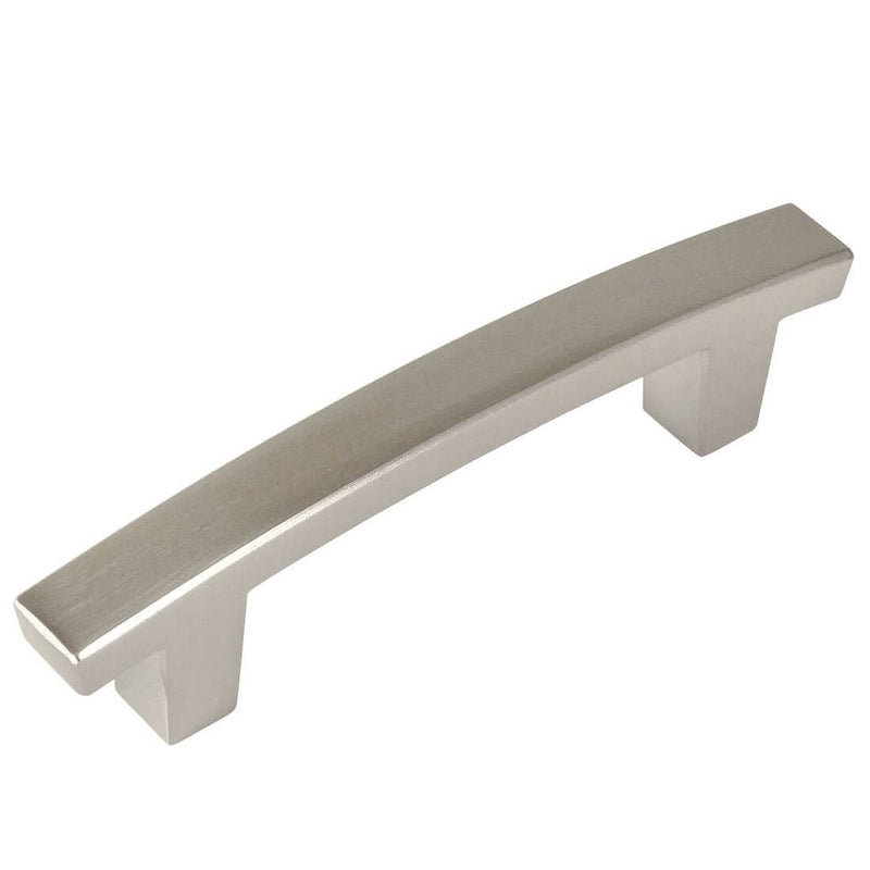 Three inch hole spacing drawer pull with flat subtle arch design in satin nickel finish