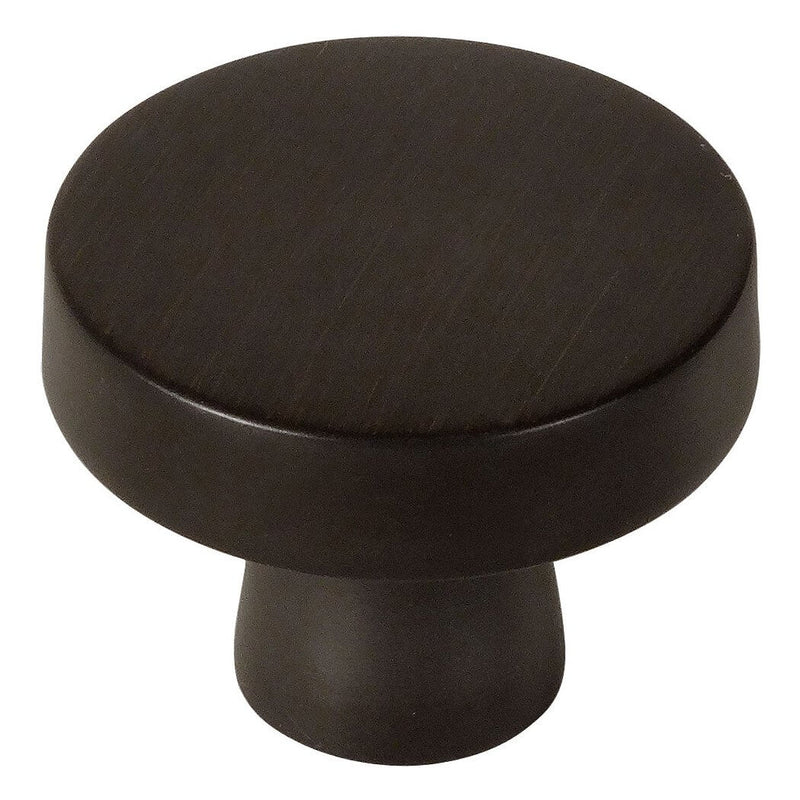 Round flat cabinet drawer knob in oil rubbed bronze finish with one and a quarter inch diameter