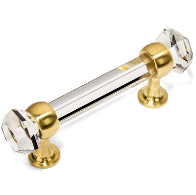 Clear glass cabinet drawer pull with brushed brass finish and diamond rock shaped ends