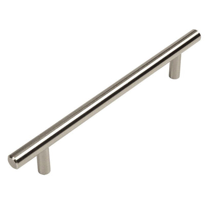 Euro style bar pull in stainless steel finish with six and five sixteenths inch hole spacing