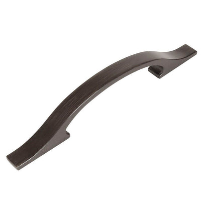 Smooth arched cabinet pull in oil rubbed bronze finish with three and three quarters inch hole spacing
