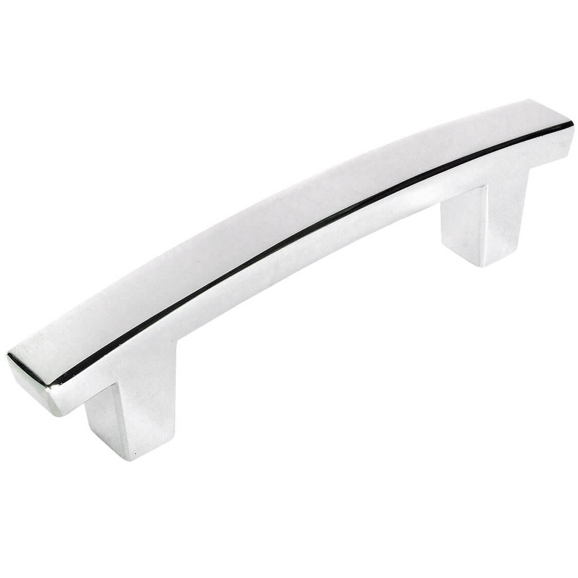 Flat subtle arched cabinet drawer pull in polished chrome finish with three and a half inch hole spacing