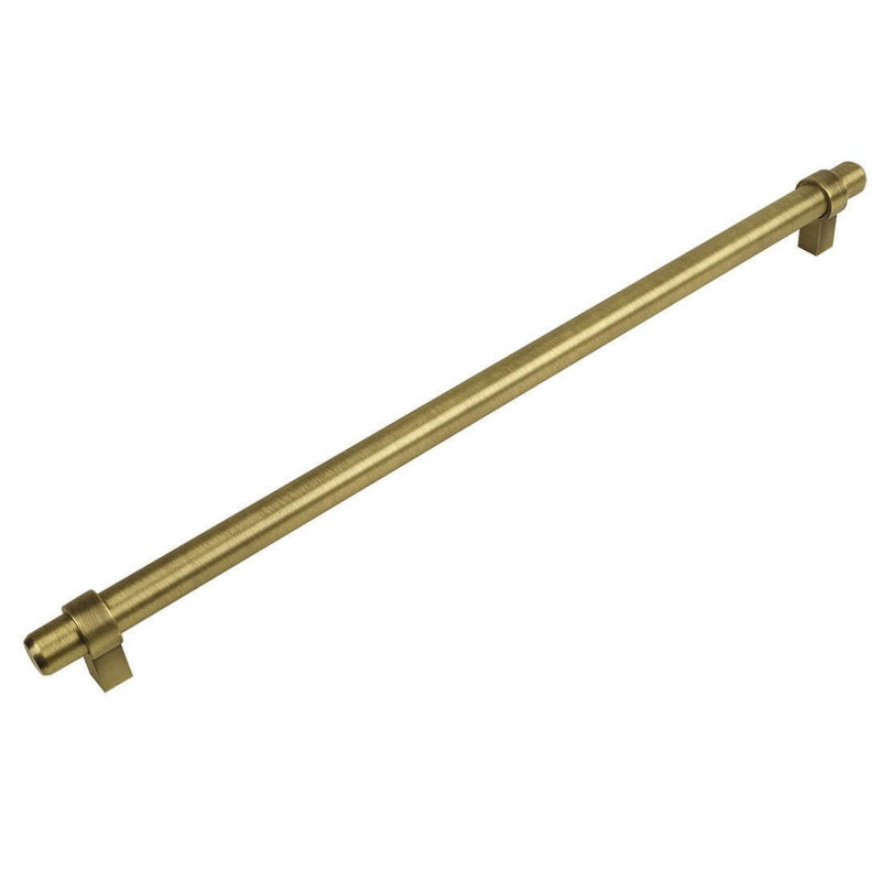 Brushed antique brass euro style bar pull with eight and seven eighths inch hole spacing