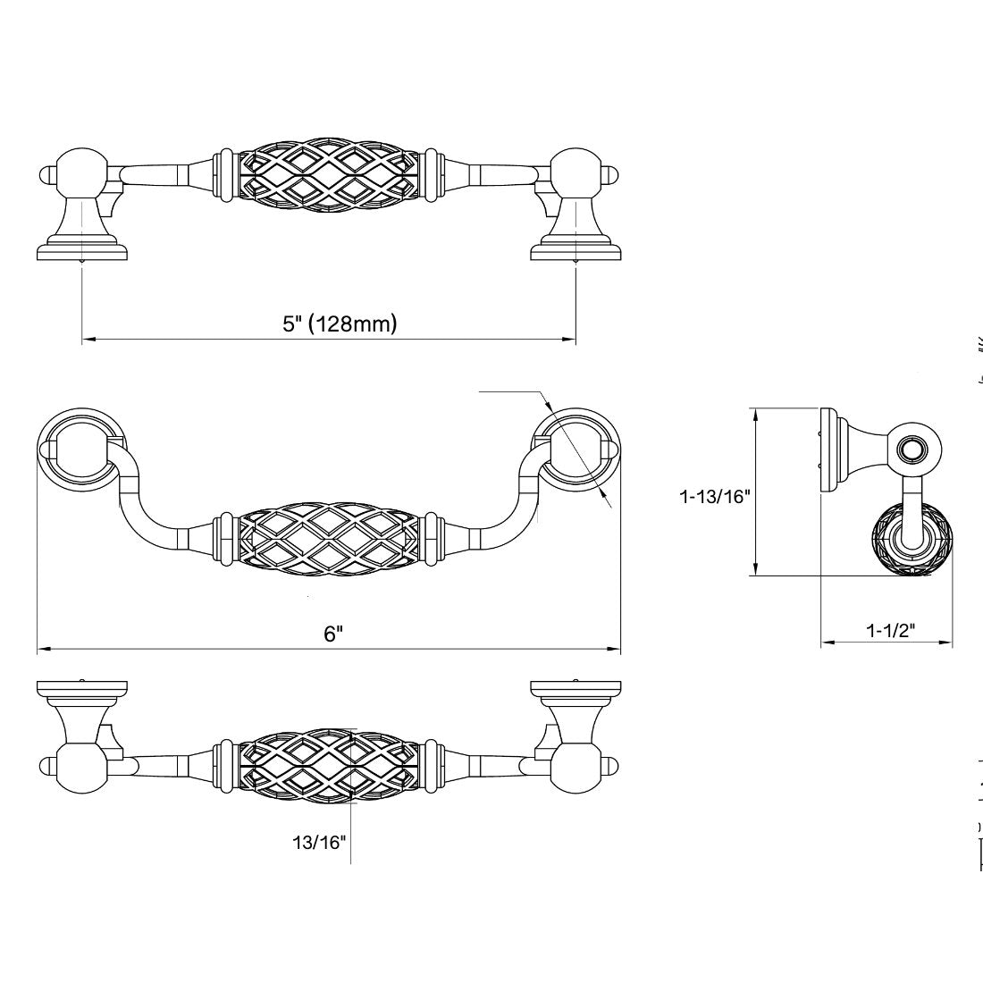 Cosmas 1749-128FB Flat Black Birdcage Cabinet Pull