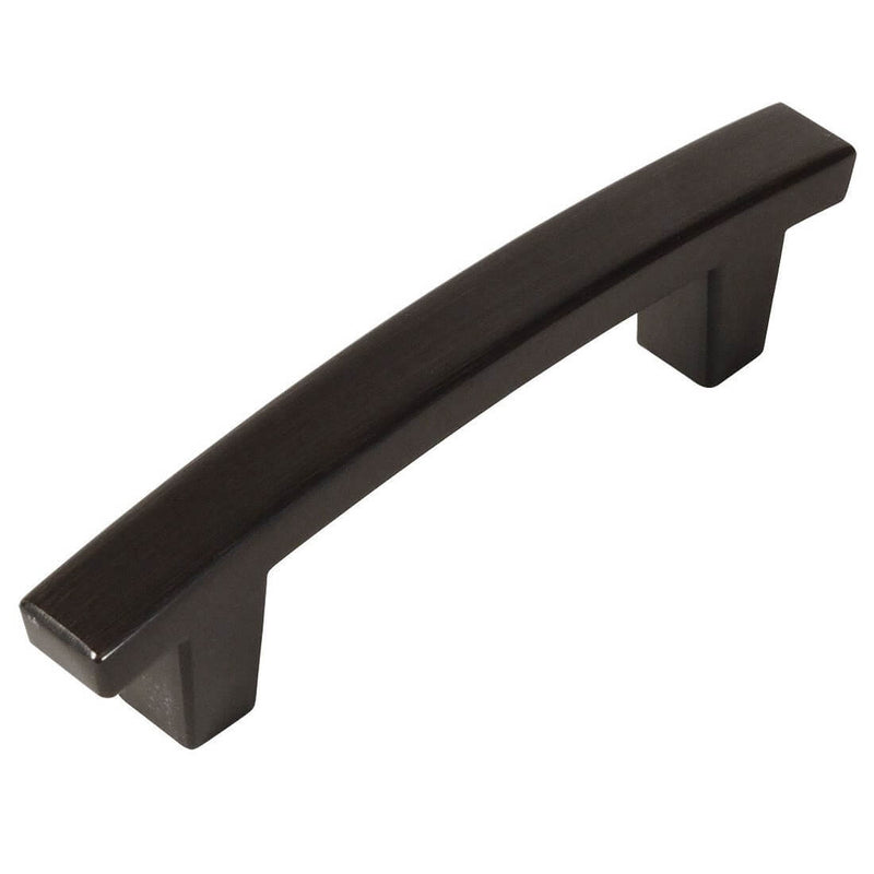 Thick flat subtle arched drawer pull in oil rubbed bronze finish and three inch hole spacing