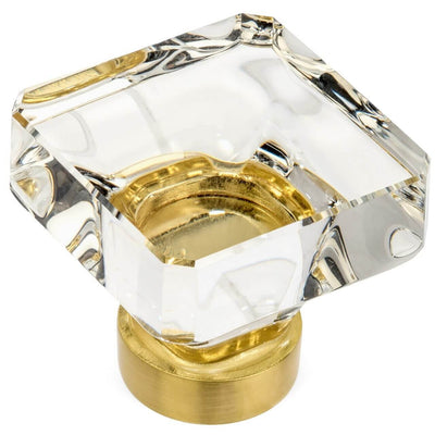 Square clear glass cabinet drawer knob in brushed brass finish