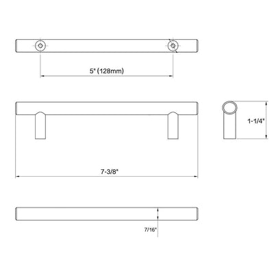 Diagram of dimensions of cabinet pull in antique copper finish with simple clean design and five inch hole spacing