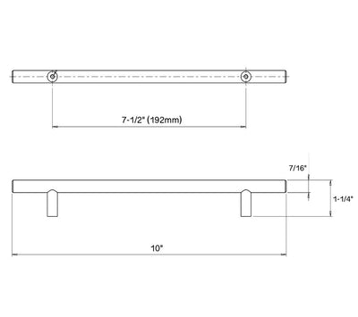 Diagram of dimensions of euro style clean straight bar drawer pull in antique brass finish with seven and a half inch hole spacing
