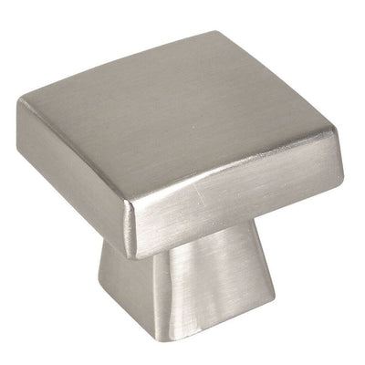 Contemporary square drawer knob in satin nickel finish with one and an eighth inch length