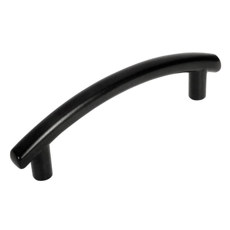 Cabinet pull in flat black finish with three inch hole spacing and arched bar style